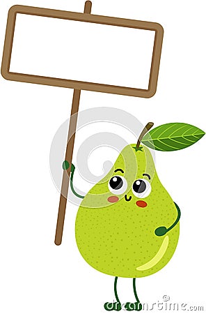 Funny green pear mascot holding a blank signboard Vector Illustration