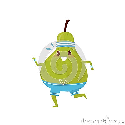 Funny green pear running, sportive fruit cartoon character doing fitness exercise vector Illustration on a white Vector Illustration