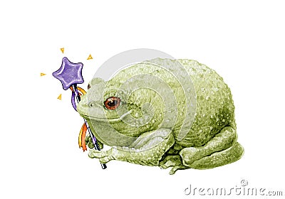 Funny green toad with magic wand. Watercolor illustration. Hand drawn cute funny frog holding magic wand. Fairy Cartoon Illustration