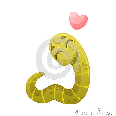 Funny Green Worm Smiling with Heart Love Symbol Vector Illustration Stock Photo