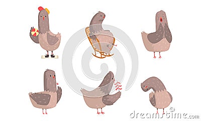 Funny Grey Pigeon Character with Ball and Resting in Rocking Chair Vector Set Vector Illustration