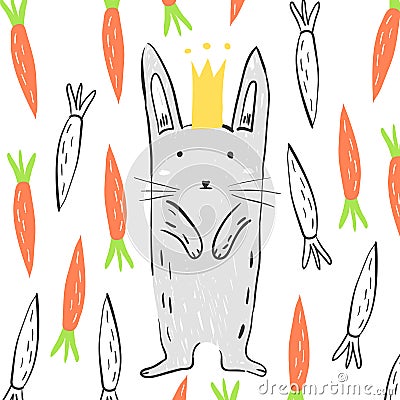 Funny grey rabbit in the crown surrounded by carrots. Illustration about animals for children design. Cartoon style Vector Illustration