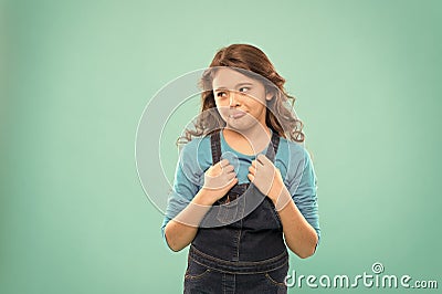 Funny grimaces. Playful teen model. Acting skills concept. Acting school for children. Girl artistic kid practicing Stock Photo