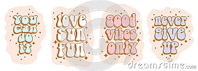 Funny Groovy Retro 70s Style Vector Prints ideal for Labels, Stickers. Vector Illustration