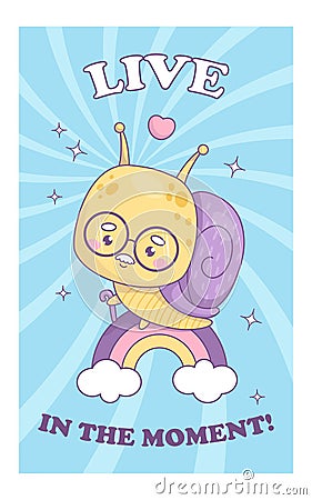 Funny groovy snail character elderly grandfather. Comic insect old man with glasses on rainbow in retro style. Trendy Vector Illustration