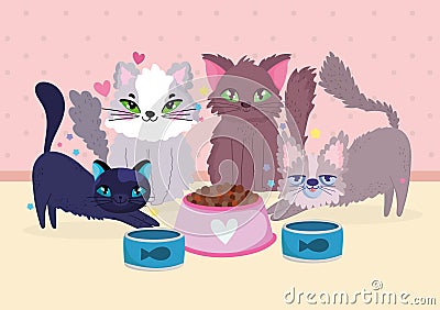 funny group cats animals with canned fish and food bowl Vector Illustration