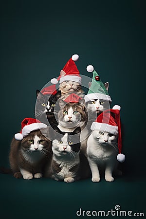 Funny group of cats in Christmas outfits in studio group shot. Manlike humanised animals in winter holidays decorations Stock Photo