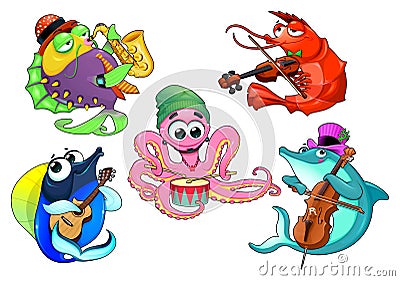 Funny group of musician sea animals Vector Illustration