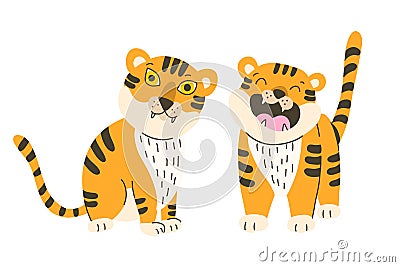 Funny growling and sitting tigers cubs hand drawn flat illustration Vector Illustration