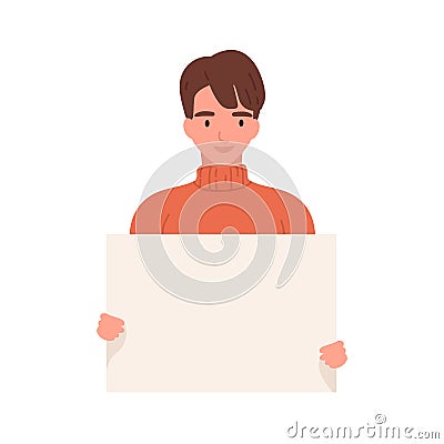 Funny guy in casual sweater smiling holding empty banner vector flat illustration. Smiling teen male demonstrate poster Vector Illustration