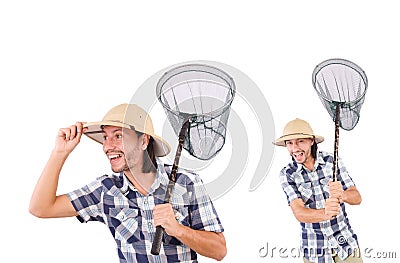 Funny guy with catching net on white Stock Photo