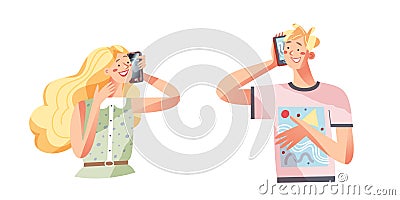 Funny guy and girl talk on mobile phone, smiling during friendly conversation or flirting Vector Illustration