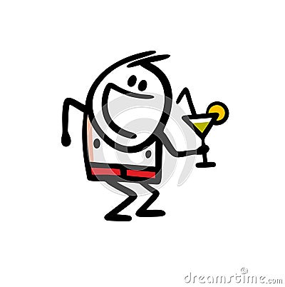 Funny guy with a glass and an alcoholic drink in his hand is dancing merrily at a beach party. Vector Illustration