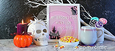 Funny Halloween My Broomstick Runs on Coffee letter board. Stock Photo
