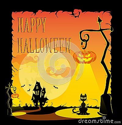 Funny Halloween pumpkins, bats, scary spiders and text. Retro cartoon style on gradient background. Vector illustration Vector Illustration