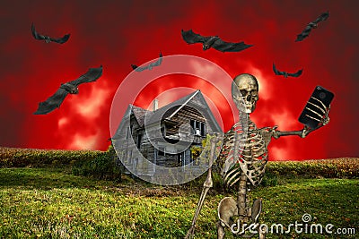 Funny Halloween Selfie, Skeleton, Haunted House Stock Photo