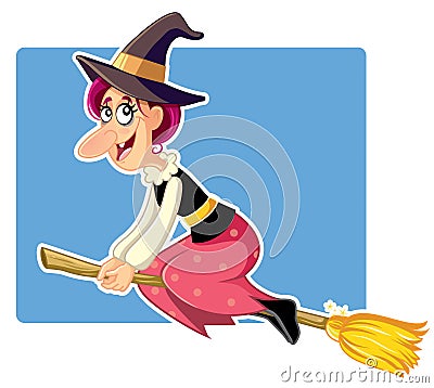 Funny Halloween Witch on a Broomstick Vector Vector Illustration