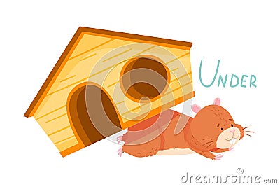 Funny Hamster Lying Under Wooden House Showing Preposition of Place Vector Illustration Vector Illustration