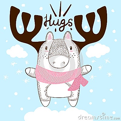 Funny hand draw deer. Hugs and love. Vector Illustration