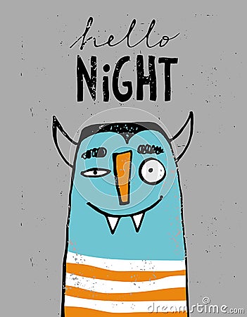 Funny Hand Drawn Dracula Vector Illustration. Hello Night Poster. Vector Illustration