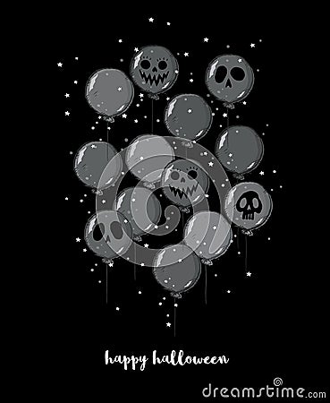 Funny Hand Drawn Halloween Vector Illustration. Scary Dark Grey Balloons with Ghost Faces. Vector Illustration