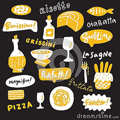 Perfect in italian Perfetto. Funny hand drawn illustration of plate with spaghetti and fork. Vector design Vector Illustration