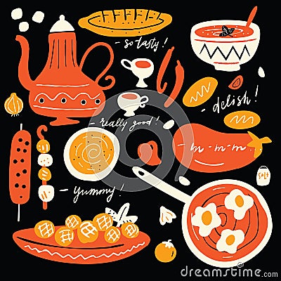 Funny hand drawn illustration of traditional middle eastern cuisine with hand written quotes about tasty food.Colorful Vector Illustration