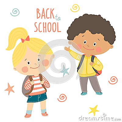 Funny hand drawn kids with backpacks. Cute boy and girl with schoolbags. Back to school card design.Cartoon vector eps Vector Illustration