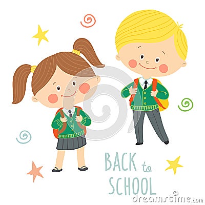 Funny hand drawn kids in school uniforms with schoolbags. Cute boy and girl with backpacks. Back to school card design Vector Illustration