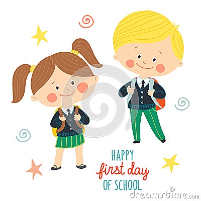 Funny hand drawn kids in school uniforms with schoolbags. Cute boy and girl with backpacks. Happy first day of school Vector Illustration