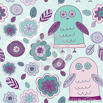 Funny hand drawn owls leaves and flowers. Purple, pink, mint. Vector Illustration