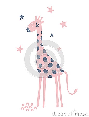 Sweet Pink Dotted Girrafe and Stars. Cute Nursery Art for Kids Room Decoration. Vector Illustration