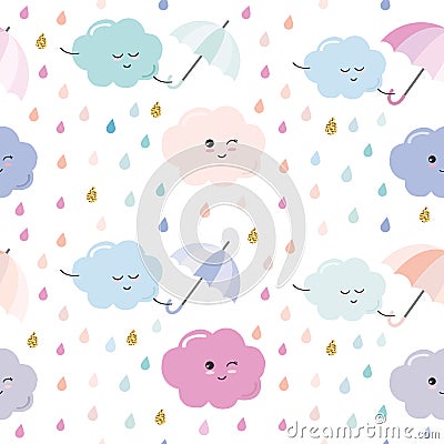 Funny hand drawn seamless pattern background with colorful watercolor drops and clouds. Stock Photo