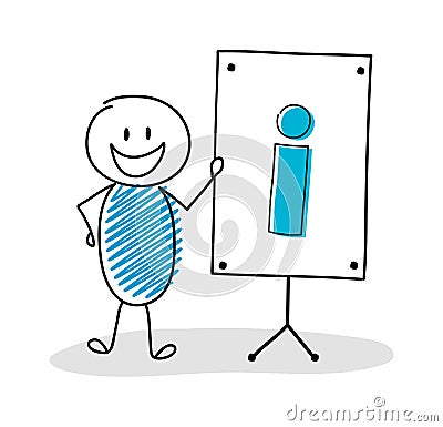 Funny hand drawn stickman with whiteboard and information symbol icon. Vector Stock Photo