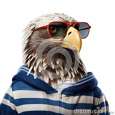 Funny And Happy Eagle Wearing Sunglasses And Striped Sweater Stock Photo