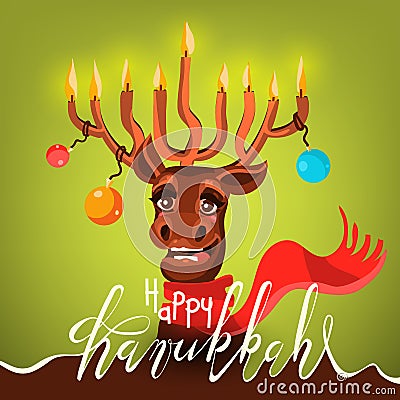 Funny Happy Hanukkah card. Cartoon, cute and happy Santa`s Christmas reindeer deer with antler in form of menorah Vector Illustration