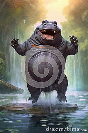 Funny happy laughing hippo dancing in a waterfall Stock Photo