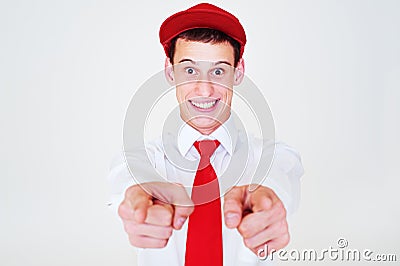 Funny happy man in red cap Stock Photo