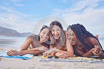 Funny, happy and portrait with friends on beach for travel, diversity and summer break with blue sky mockup. Sunbathing Stock Photo