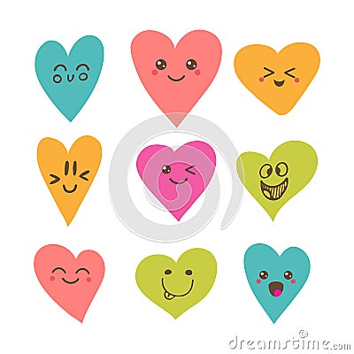 Funny happy smiley hearts. Cute cartoon characters. Vector Illustration