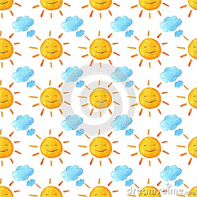 Funny happy smiling suns and clouds. Bright beautiful cartoon pattern. Handpainted watercolor illustration. Isolated on white Cartoon Illustration