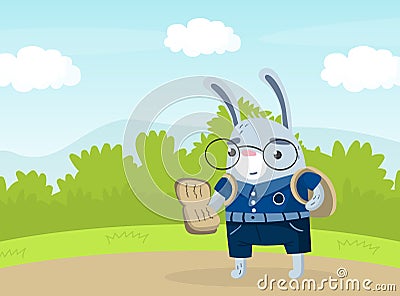 Funny Hare Animal in Blue School Uniform Walking with School Back and Reading Book Vector Illustration Stock Photo