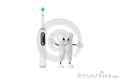 Funny Healthy Cartoon Tooth And Electronic Toothbrush Child Kid Dental Care Concept Isolated On White Background Stock Photo