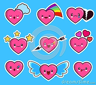 Funny heart emoticon icon set valentine s day. Vector Illustration