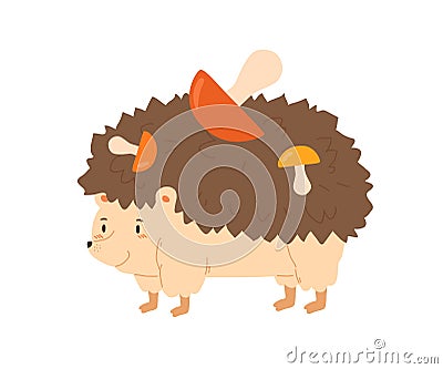 Funny hedgehog carrying colorful mushrooms vector flat illustration. Hand drawn forest animal walking with seasonal food Vector Illustration