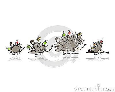 Funny hedgehog family, sketch for your design Vector Illustration