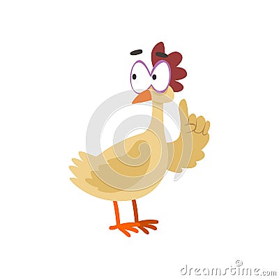 Funny hen with raised index finger, comic cartoon chicken bird character with big eyes vector Illustration on a white Vector Illustration