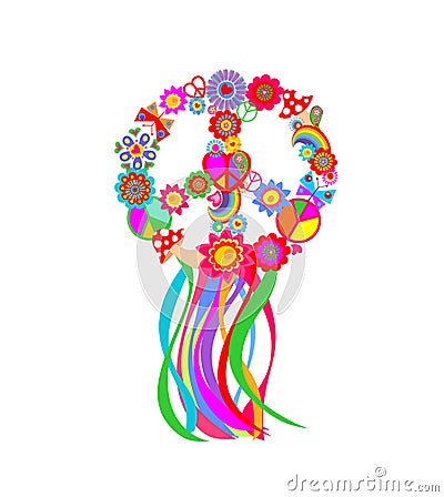 Funny hippie peace symbol with flower-power, fly agaric, paisley, butterflies, rainbow and colorful ribbons for t-shirt, bag desig Vector Illustration