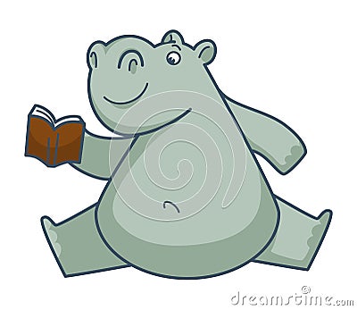 Funny hippo sits in weird position and reads book Vector Illustration