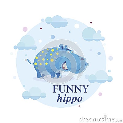 Funny hippo. Vector cartoon character. Emblem. Cute hippo on a background of the sky with clouds. Vector Illustration